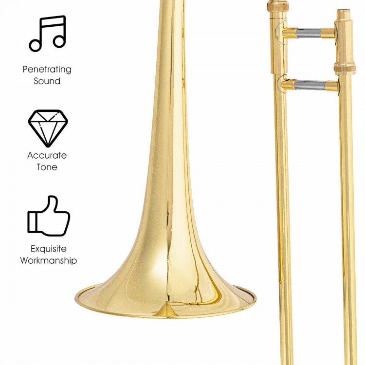 B Flat trombone in golden brass with a cupro-nickel mouthpiece, showcasing exquisite workmanship and accurate tone.