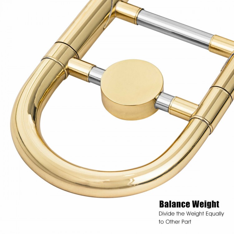 Close-up of the B Flat trombone's golden brass finish, featuring balanced weight distribution and a cupro-nickel.