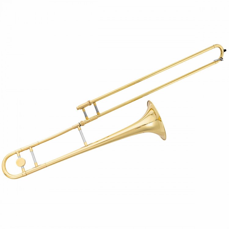 B Flat trombone in golden brass, showcasing its elegant gold lacquer finish and balanced weight distribution for ease.