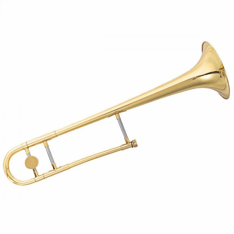 B Flat trombone made of durable brass with a gold lacquer finish, ideal for beginners and music lovers.
