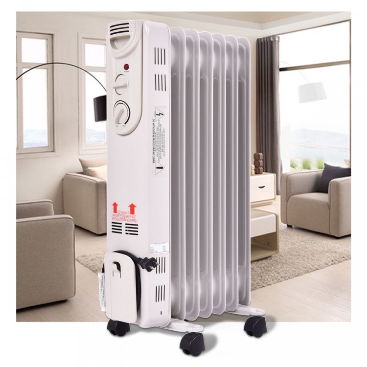 Portable oil-filled radiator space heater with adjustable thermostat and three heat settings for efficient room heating.