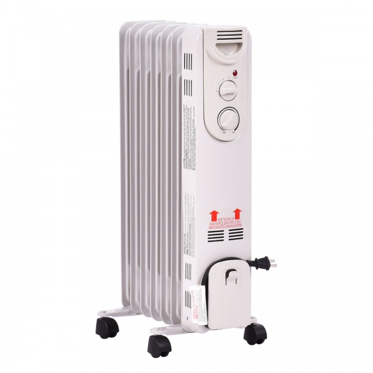 Portable oil-filled radiator space heater with adjustable thermostat and three heat settings for efficient heating.