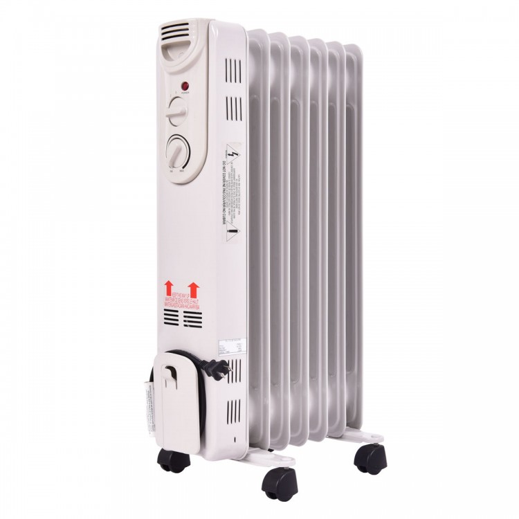 Side view of a 1500 W electric portable oil-filled radiator space heater with three heat settings and adjustable.