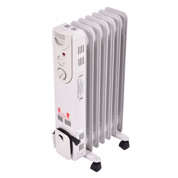 Back view of a 1500 W electric portable oil-filled radiator space heater showcasing its compact design and adjustable.