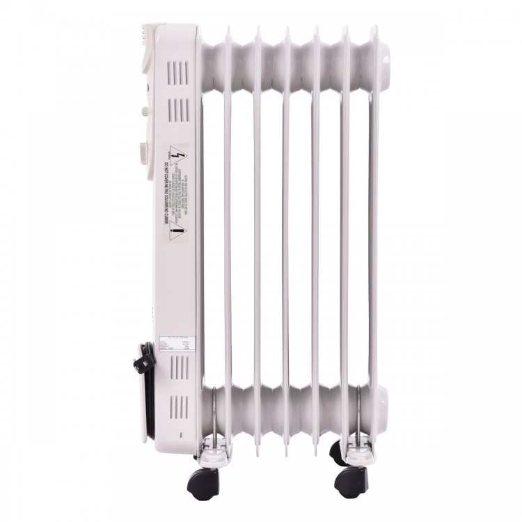 Portable oil-filled radiator space heater with adjustable thermostat, three heat settings, and wheels for easy.