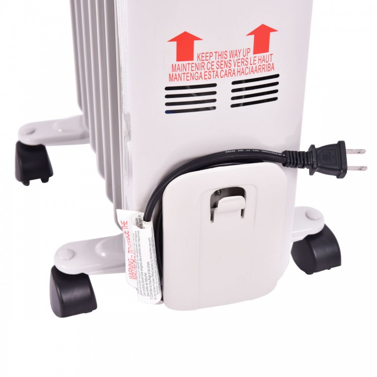Portable oil-filled radiator space heater with adjustable thermostat, three heat settings, and power cord storage.
