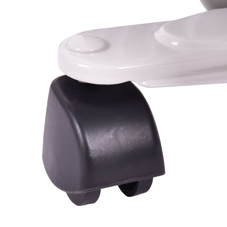 Close-up of the wheel on a 1500 W electric portable oil-filled radiator space heater for easy mobility.