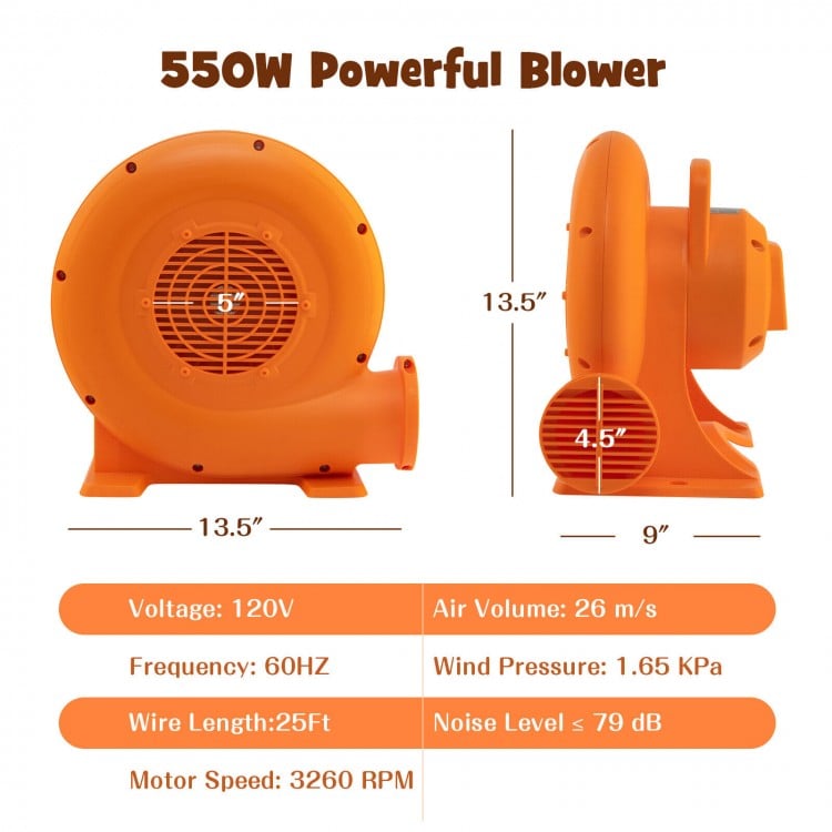 550W air blower for inflatables with 25ft wire, GFCI plug, and durable PP construction for safe outdoor use.