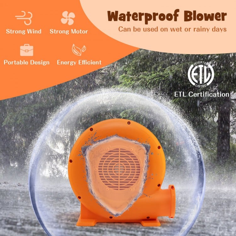 Waterproof 550W air blower with GFCI plug, designed for inflatables, featuring a strong airflow and portable design.