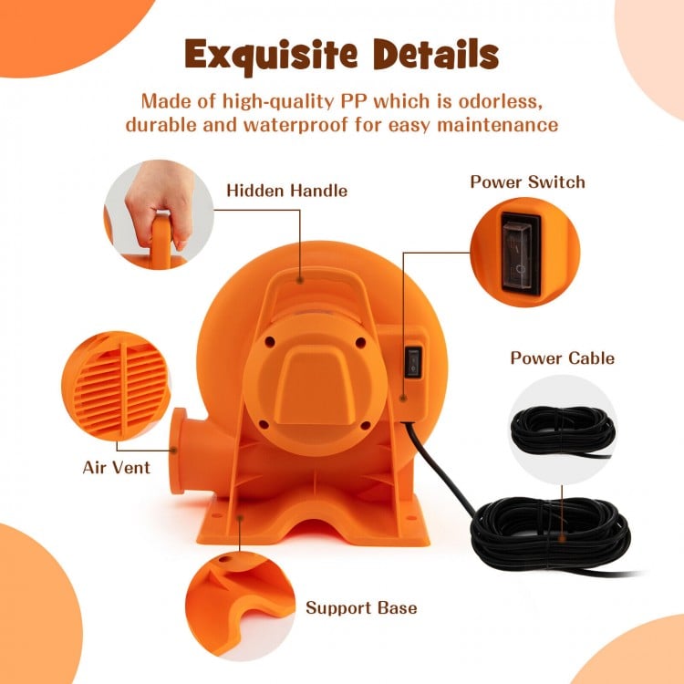 Close-up of the 550W air blower with power switch, hidden handle, and air vent, ideal for inflatables and outdoor use.