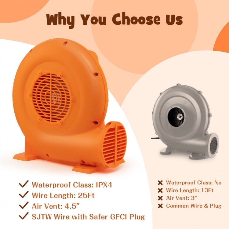 550W air blower for inflatables with 25ft wire, GFCI plug, and wide air vent for strong airflow, ideal for outdoor use.