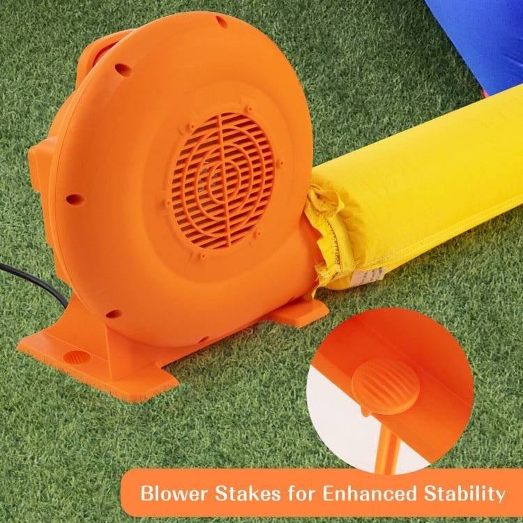 Close-up of the 550W air blower for inflatables, featuring a strong airflow and GFCI plug for safe outdoor use.