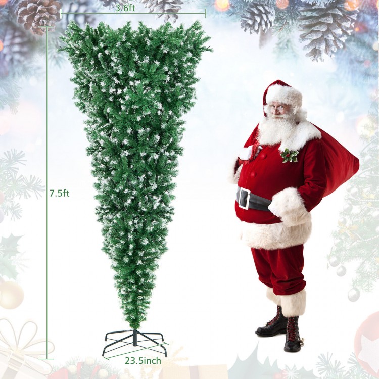 7.5-foot pre-lit upside down Christmas tree with 1100 snowy tips and 400 warm white LED lights, ideal for gift.