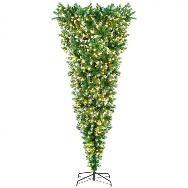 Side view of the 7.5 feet pre-lit upside down Christmas tree showcasing its full snowy tips and warm white LED lights.