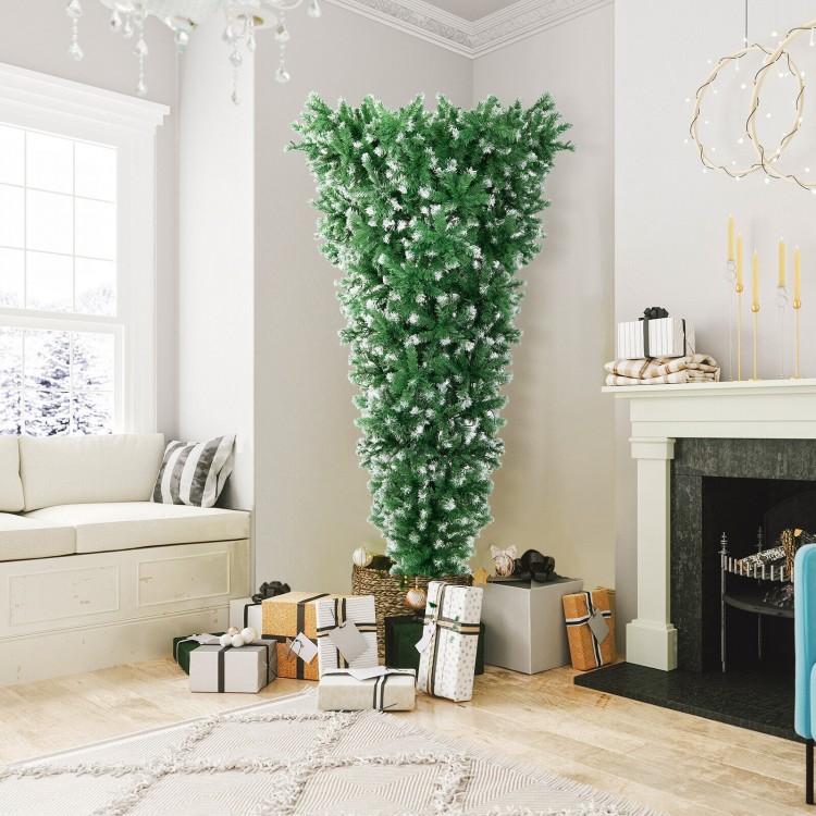 Upside down 7.5 feet snowy Christmas tree with 1100 tips and 400 warm white LED lights, perfect for gift placement.