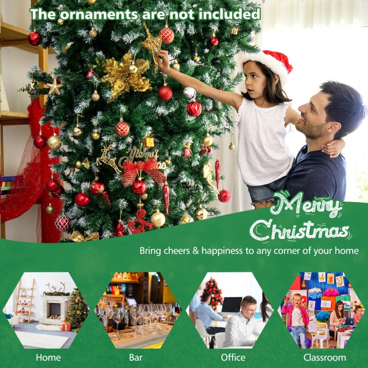 Upside down 7.5 feet snowy Christmas tree with 1100 tips and 400 warm white LED lights, perfect for festive home decor.