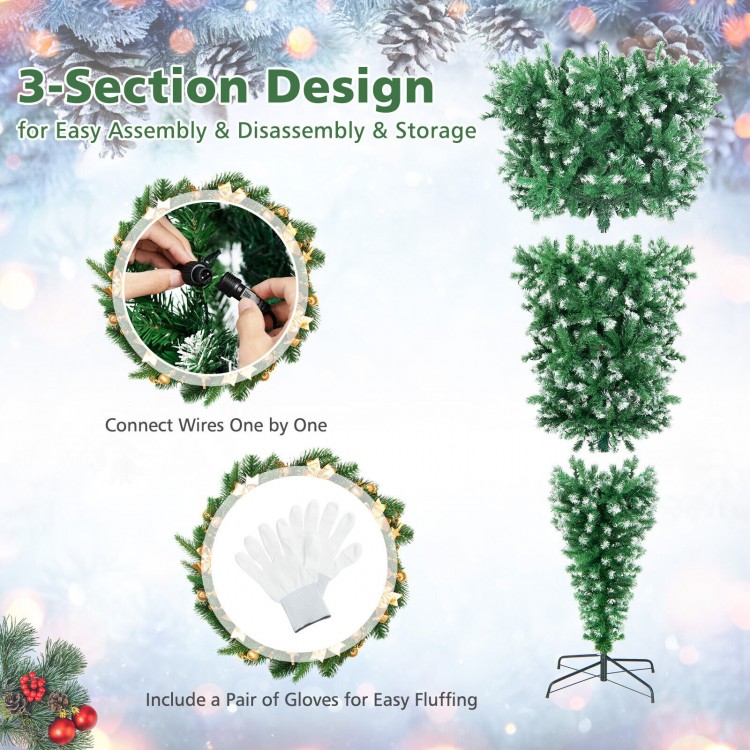 3-section design of a 7.5 feet pre-lit upside down Christmas tree with 1100 snowy tips for easy assembly and storage.