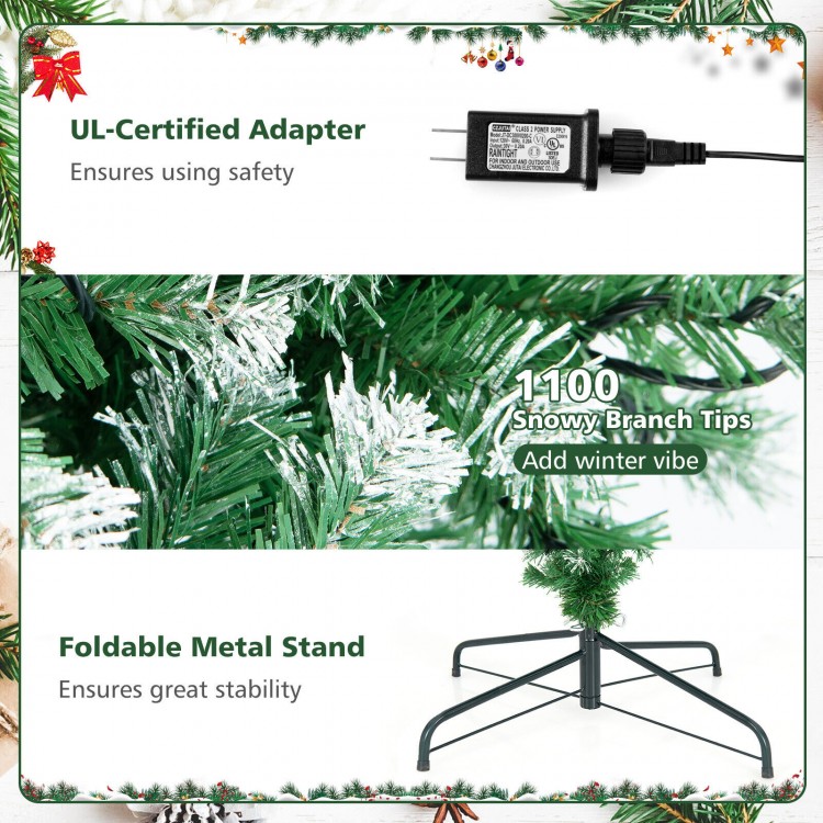 Snowy branch tips of the 7.5 feet pre-lit upside down Christmas tree with a foldable metal stand for stability.