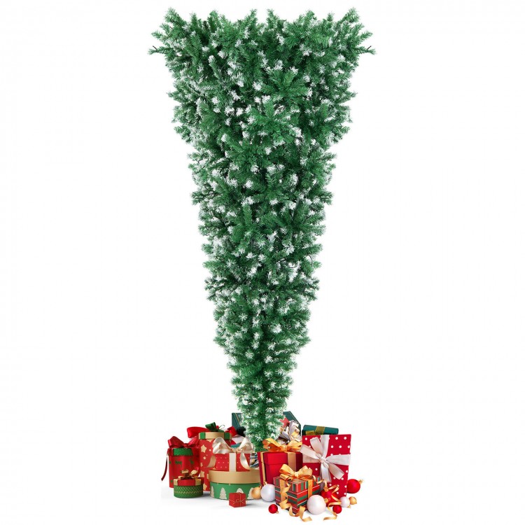 7.5 feet pre-lit upside down Christmas tree with realistic snowy tips, featuring a sturdy foldable metal stand for.