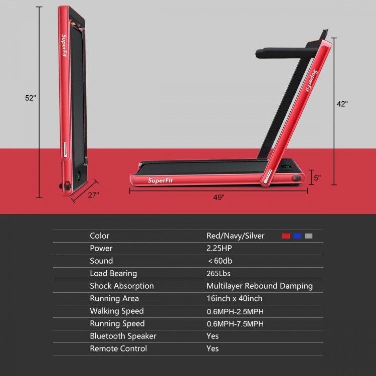 Folding 2-in-1 treadmill in red with remote control, showing LED display and non-slip running belt for home use.