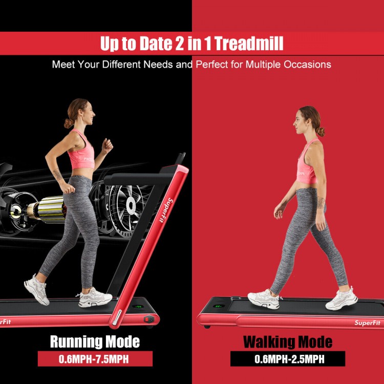 Folding 2-in-1 treadmill in red, showing running mode with adjustable speed, ideal for home workouts and under-desk use.