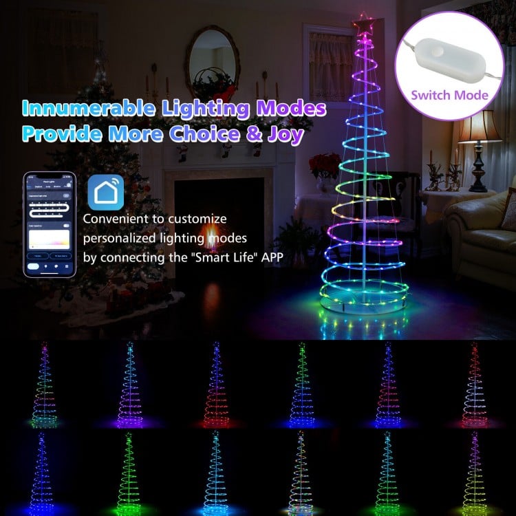 6 feet light-up spiral Christmas tree with 135 multi-color lights and star top, perfect for festive outdoor decoration.