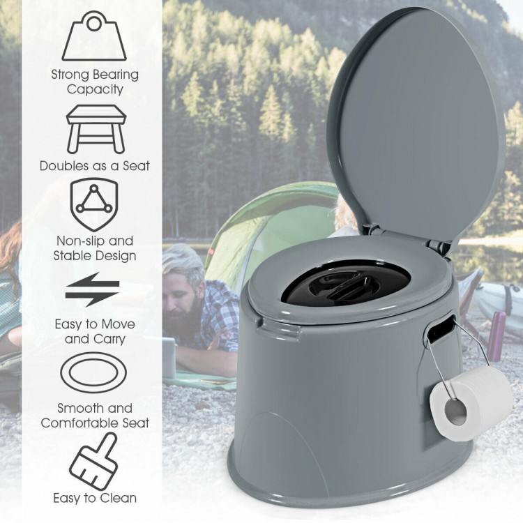 Portable 5L travel toilet in gray with paper holder, designed for outdoor use, easy to carry and clean, supports 440.