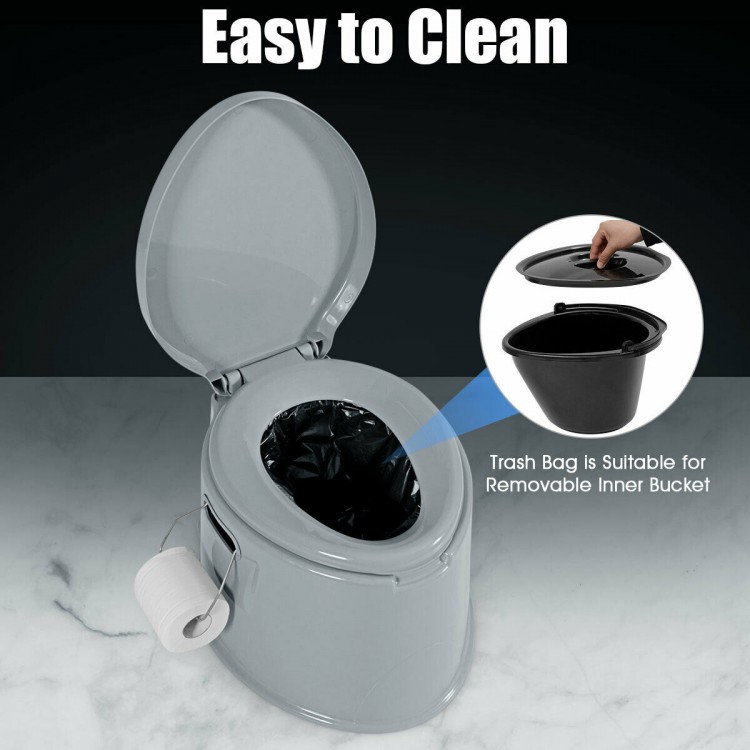 5L portable travel toilet with removable inner bucket and paper holder, designed for outdoor use and easy cleaning.