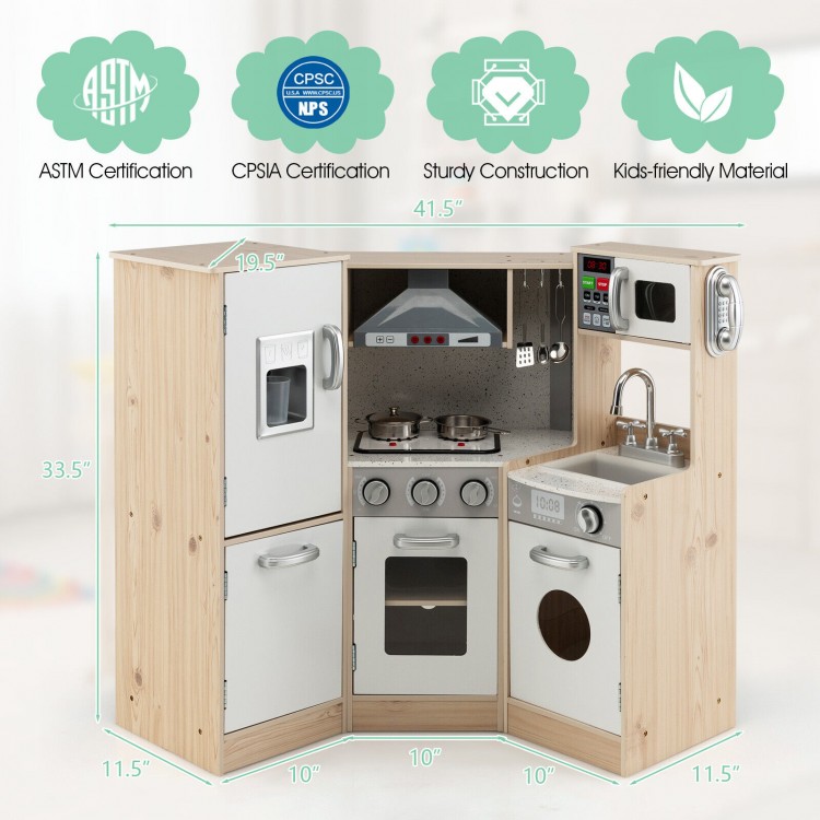 Kids Corner Wooden Kitchen Playset with stove, microwave, and sink, designed for imaginative play and safe use.