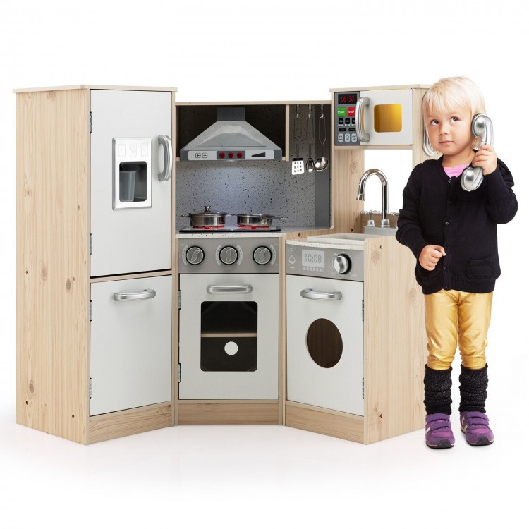 Kids corner wooden kitchen playset with stove, microwave, and sink, designed for imaginative cooking play and storage.
