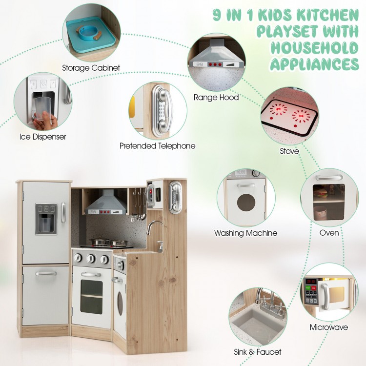 Kids Corner Wooden Kitchen Playset featuring a stove, microwave, and storage cabinet for imaginative cooking fun.