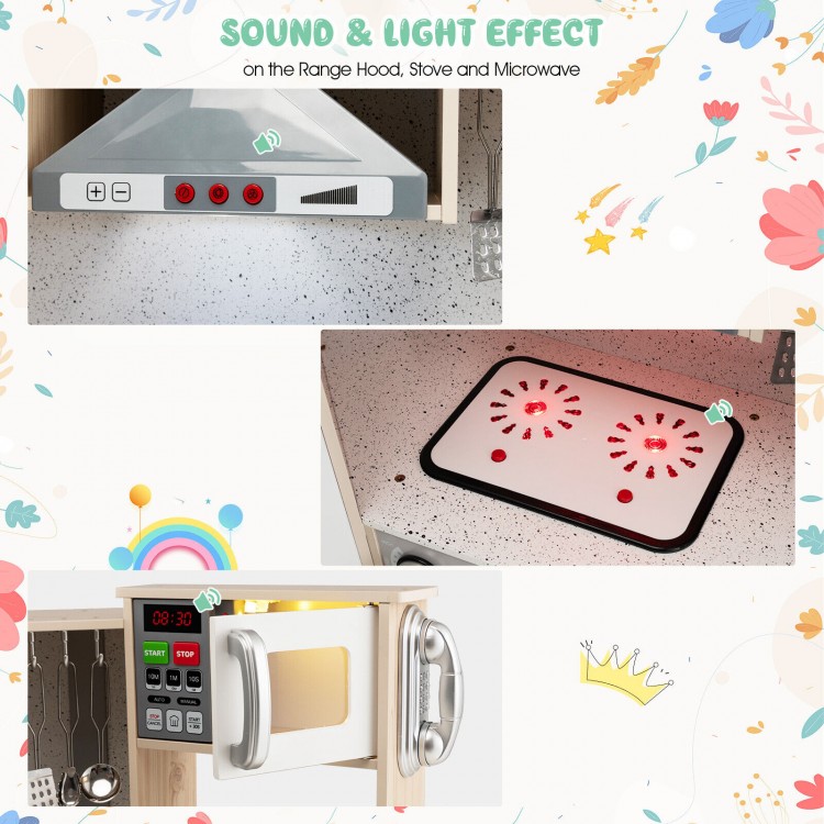Kids corner wooden kitchen playset featuring a range hood, stove, and microwave with sound and light effects for.