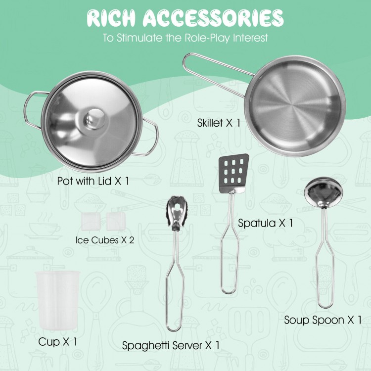 Stainless steel cookware set including pot, skillet, spatula, and more for kids' kitchen playset.