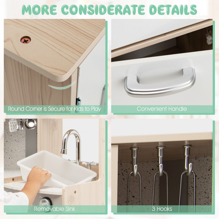 Detail of the Kids Corner Wooden Kitchen Playset showing a removable sink, convenient handle, and three hooks for.