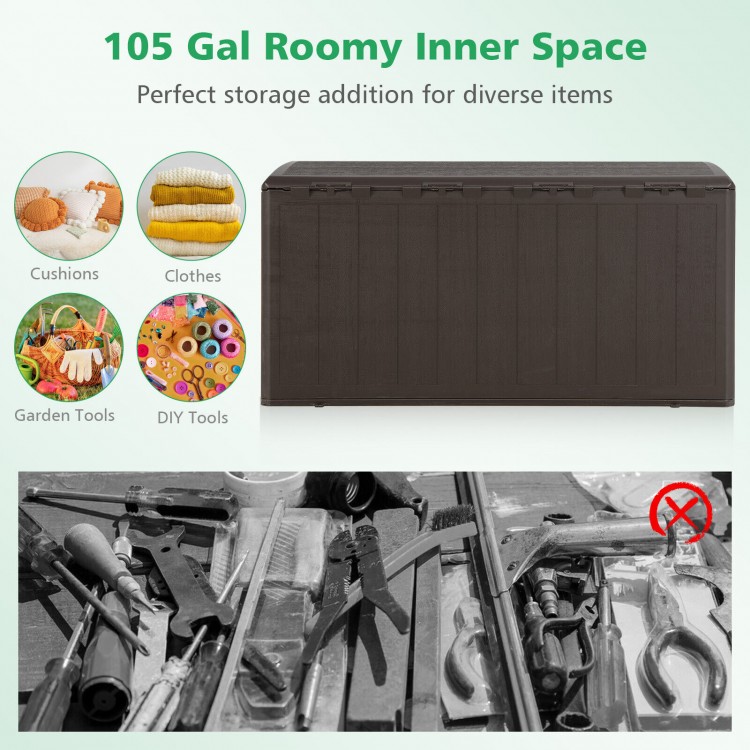Large 105-gallon lockable storage container made of HDPE, ideal for garden tools and outdoor supplies.