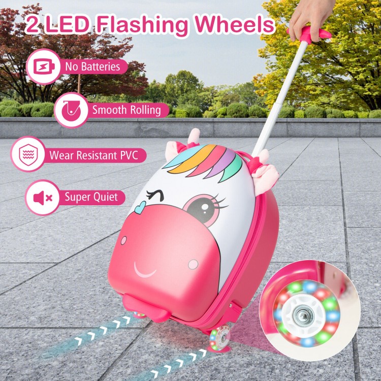 Kids rolling luggage in pink with 2 LED flashing wheels, telescoping handle, and cute ear design for travel fun.