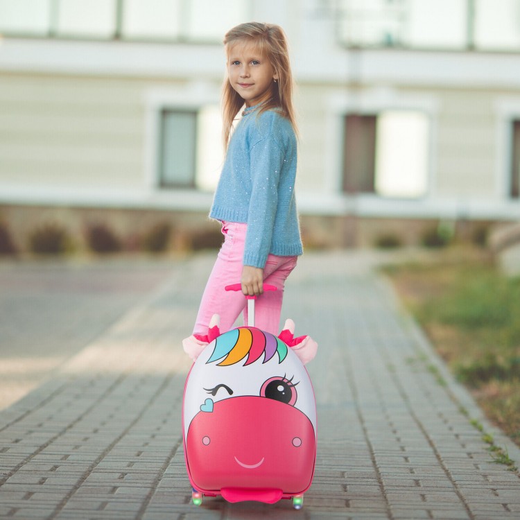 Kids rolling luggage in pink with unicorn design, 16 inches, featuring flashing wheels and a telescoping handle for.