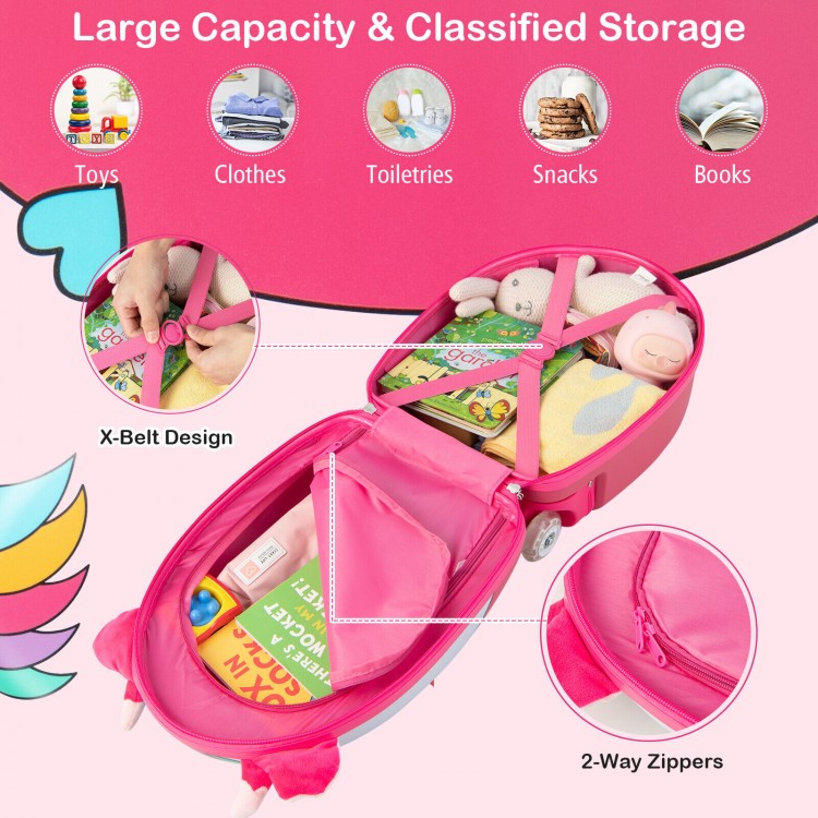 Kids rolling luggage in pink with large storage, 2-way zippers, and colorful flashing wheels for travel and school.
