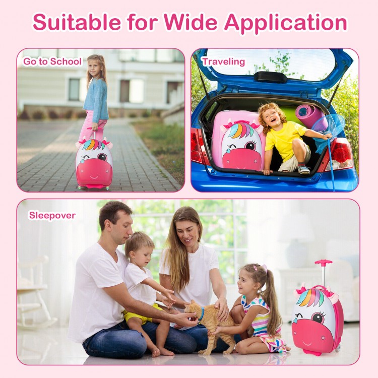 16-inch pink kids rolling luggage with flashing wheels, perfect for school, travel, and sleepovers.