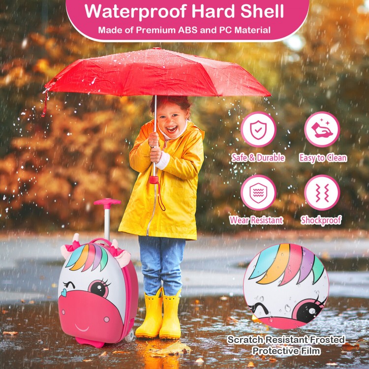Kids rolling luggage in pink with cute unicorn design, 16 inches, waterproof ABS material, and flashing wheels for.
