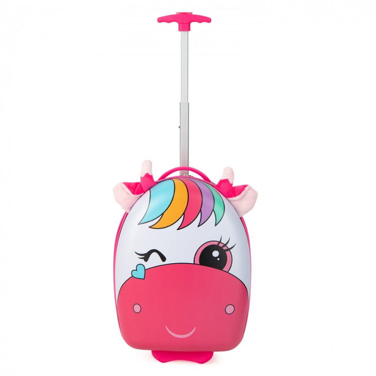 Kids rolling luggage in pink with a unicorn design, 16 inches, featuring flashing wheels and a telescoping handle.