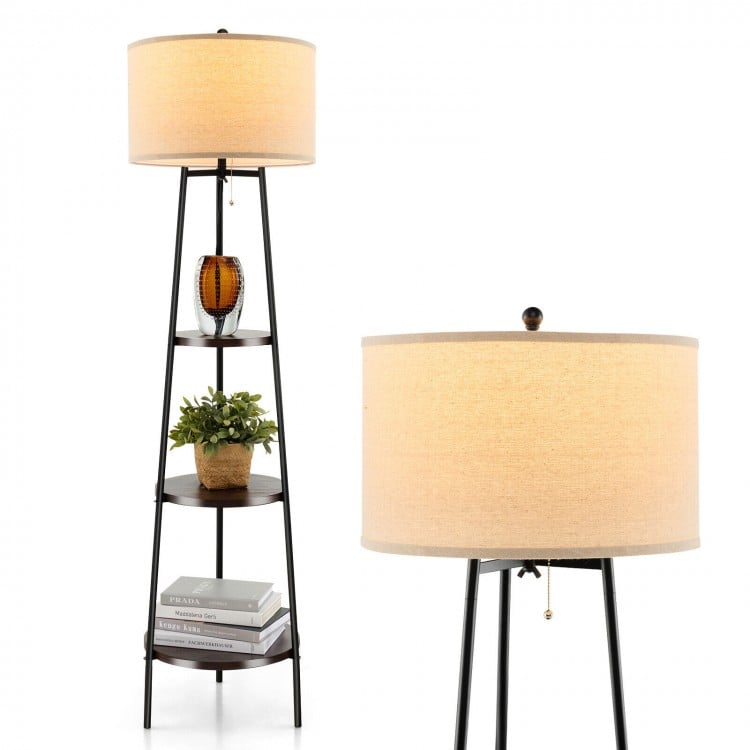 Standing shelf floor lamp with linen lampshade and three open storage shelves, perfect for modern living spaces.