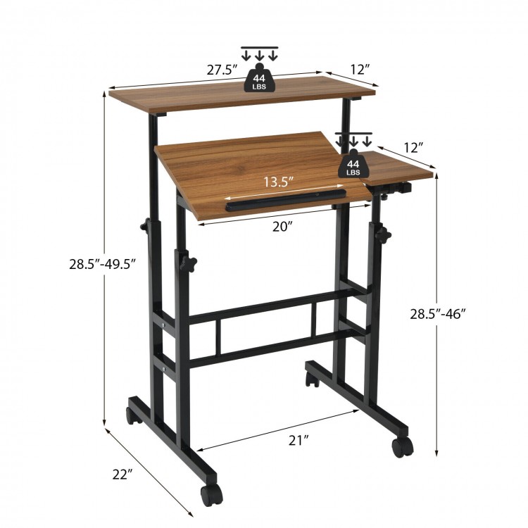 Mobile standing desk with adjustable height and tilting surface in walnut finish, ideal for small spaces and versatile.
