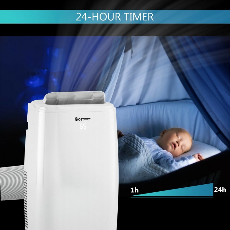 Portable 10000 BTU air conditioner with remote control, 24-hour timer, ideal for bedrooms and quiet cooling.