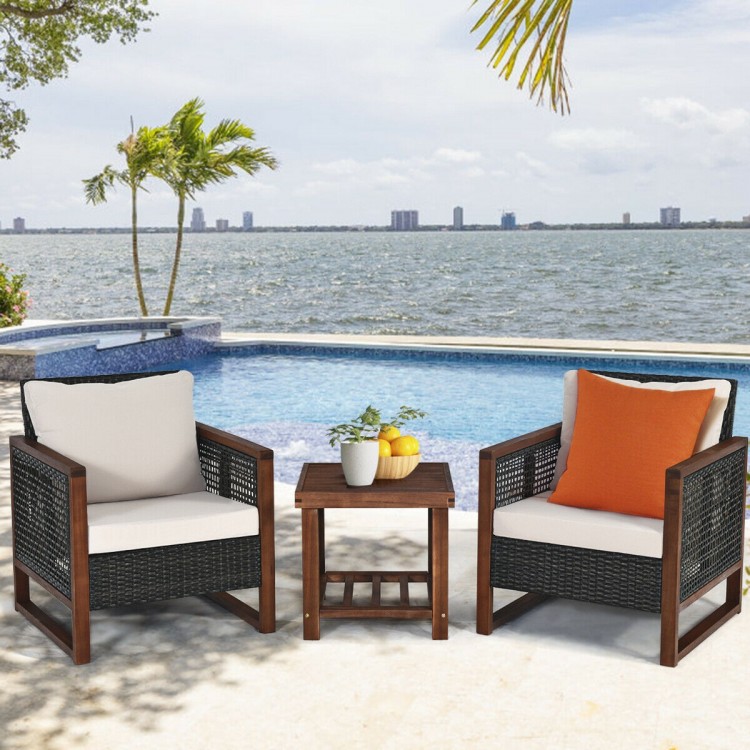 Patio wicker furniture sofa set with beige cushions and acacia wood frame, perfect for outdoor relaxation by the pool.