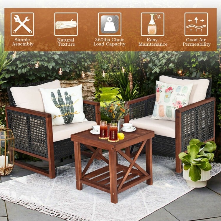 Two beige cushioned patio sofas with a wooden frame and a coffee table, perfect for outdoor relaxation.