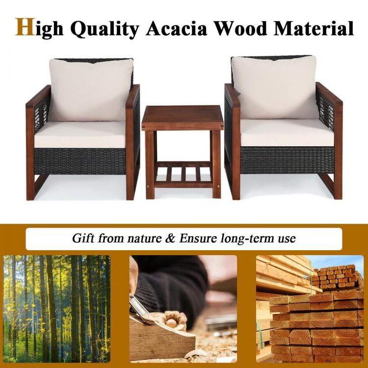 Two acacia wood frame sofas with beige cushions and a coffee table, perfect for outdoor patio relaxation.