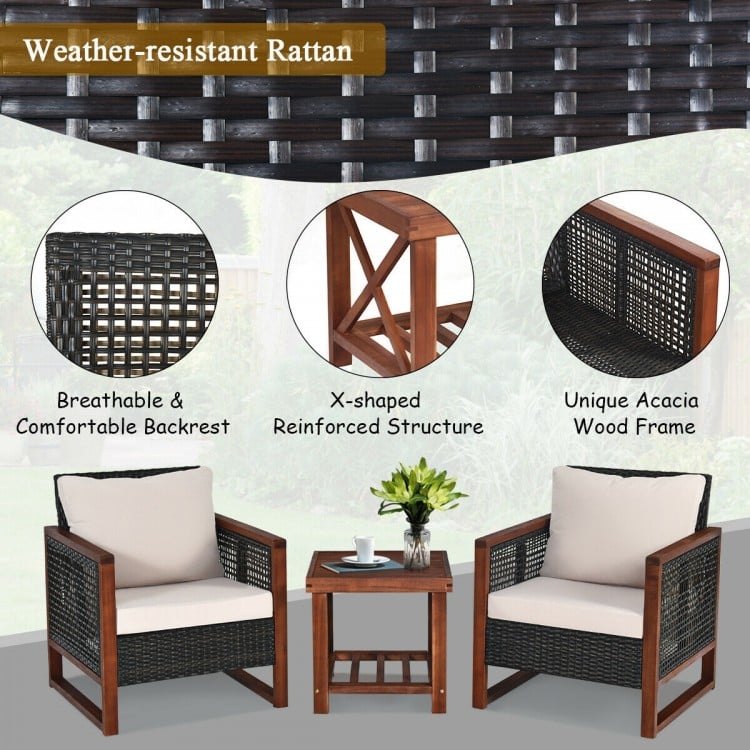 Two comfortable patio sofas with beige cushions and a sturdy acacia wood frame, perfect for outdoor relaxation.