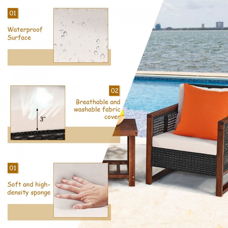 Close-up of the beige cushion on the 3-piece patio wicker sofa set, featuring a washable cover and soft sponge filling.
