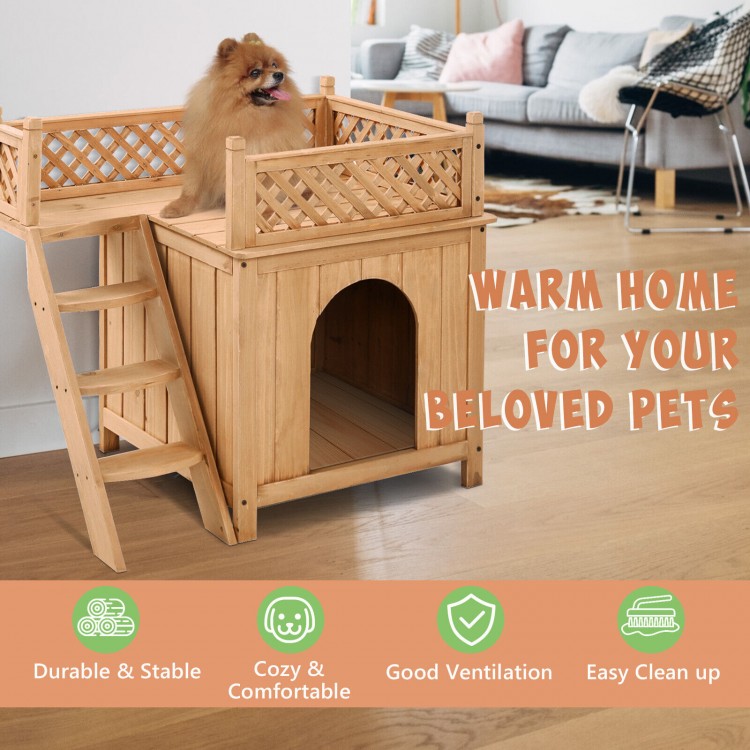 Wooden dog house with stairs and raised balcony, durable construction, cozy for small pets, easy to clean.